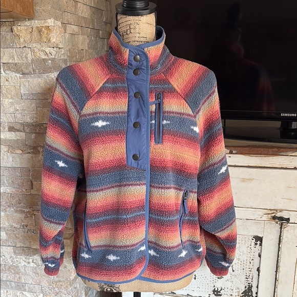American Eagle fleece southwest style navy orange snap jacket pullover mock neck - Picture 1 of 16